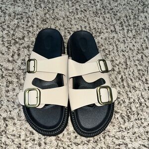 Neutral Two-Strap Slide Sandals with Gold Buckles